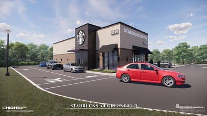 Exterior view of new Greenfield Starbucks drive-thru